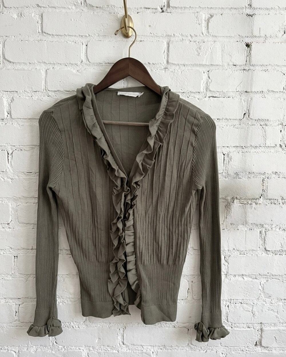 Anne Fontaine Ruffle Knit Cardigan Romantic Fairycore Long Sleeve Ribbed Sweater